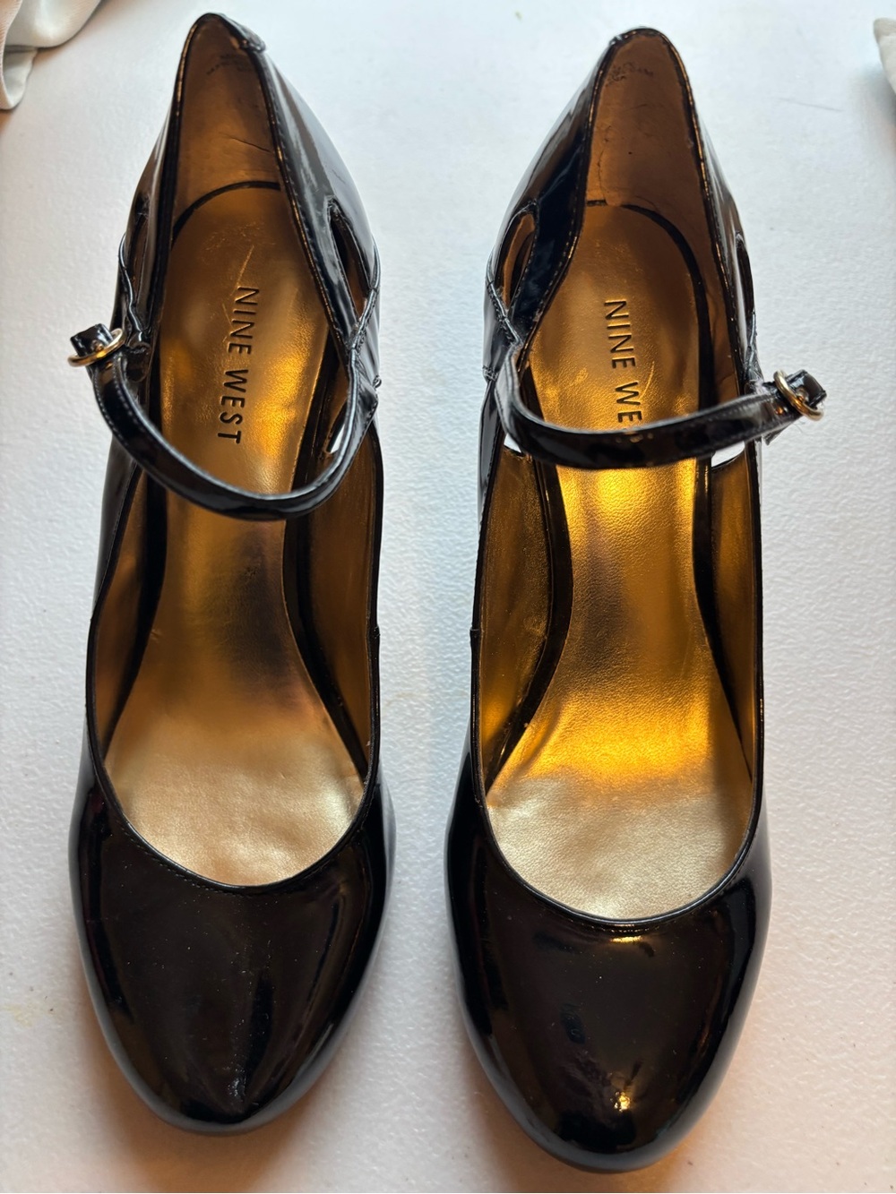 Nine West Black Patent Mary Jane Heels with Gold Insole